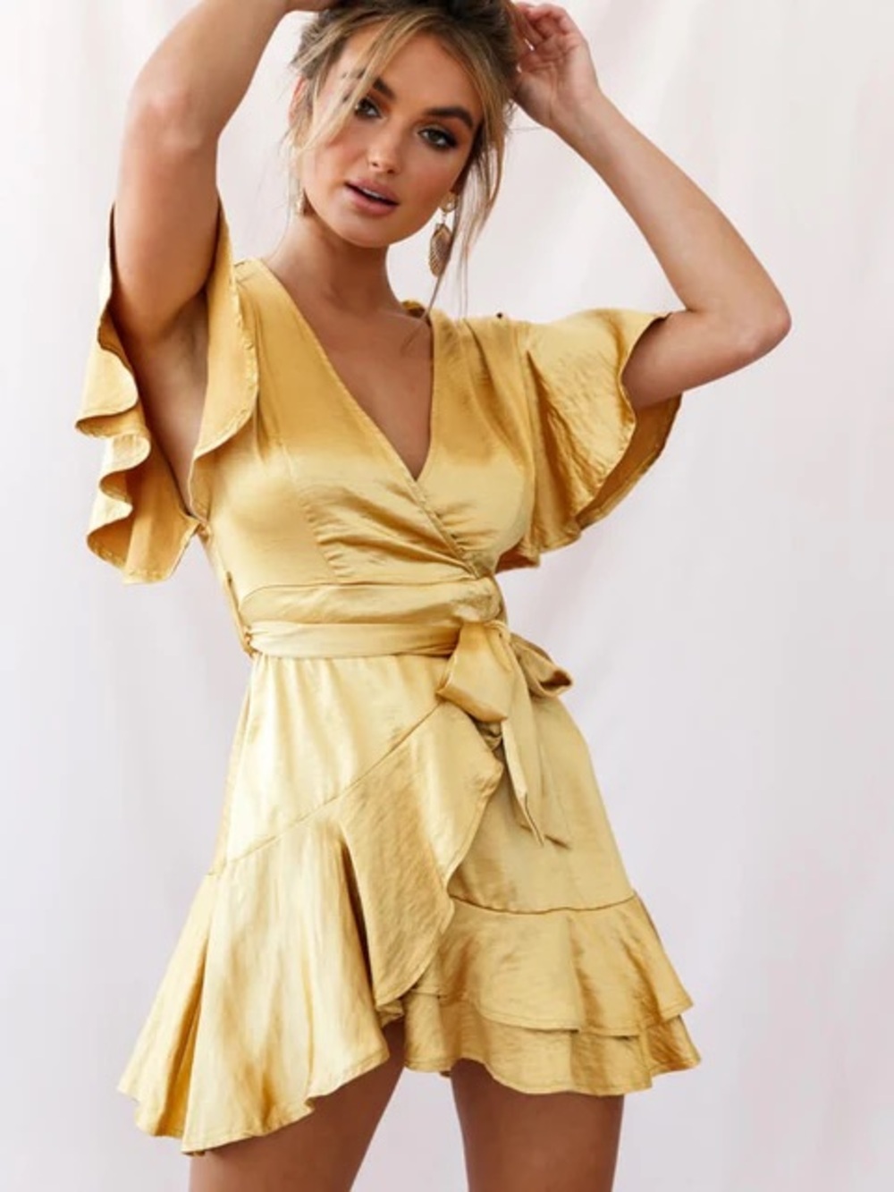 Selfie Leslie Cami Angel Sleeve Faux Wrap Ruffle Mini Dress